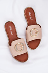 Eco Leather Flat Slippers Women With Decorative Detail Beige Frelie