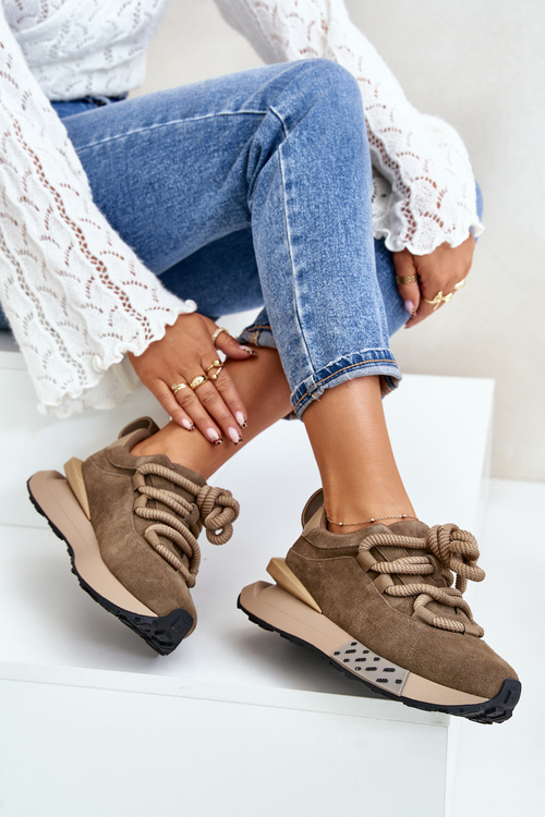 Damskie Zamszowe Sneakersy Grube Sznurowanie Platforma Jasnobrązowe Artiker 54C1466