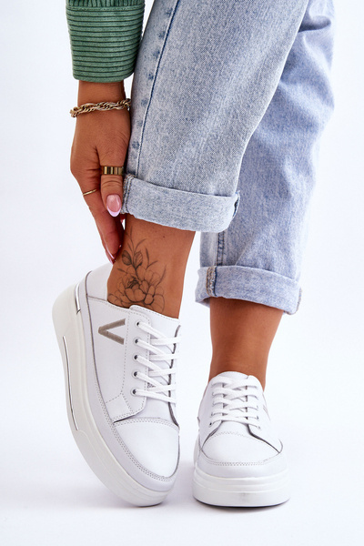 Sportowe Buty Damskie Skóra Platforma Białe Saul