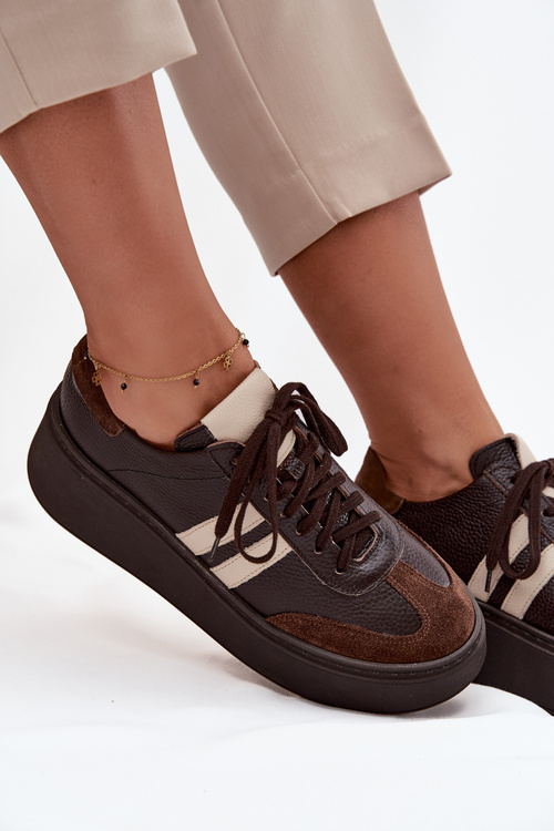 Damskie Sneakersy Skóra Naturalna Platforma Czekoladowe Zazoo 3775