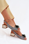 Leather Women's Sandals On A Block Heel With Decorative Flower Laura Messi 2973 White-Black