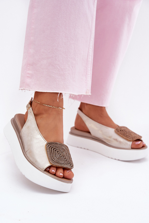 Sandały Skórzane Na Platformie Z Ozdobą Damskie Złoty Przecierany Zazoo 1786