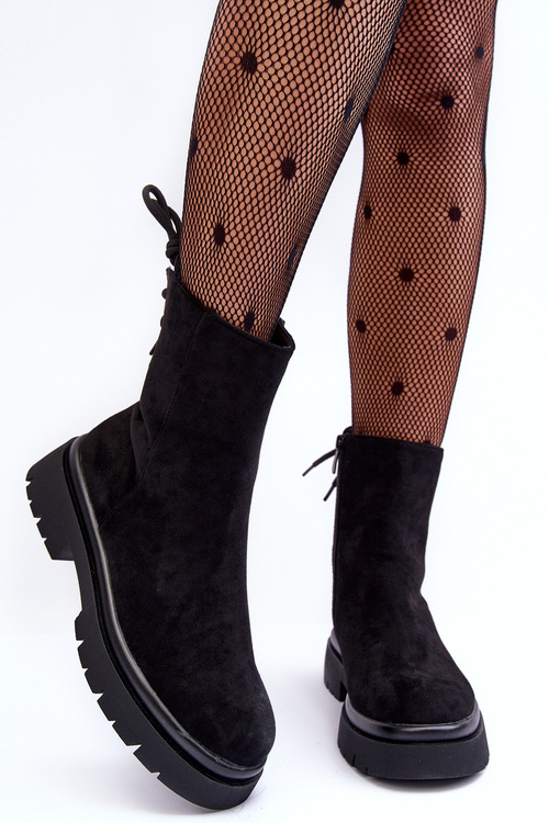 Suede Lace-Up Flat Heel Boots Black Lakyta