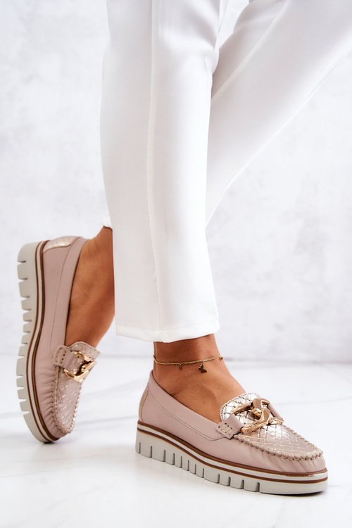 Mokasyny Damskie Skórzane Platforma Beżowe Venesia
