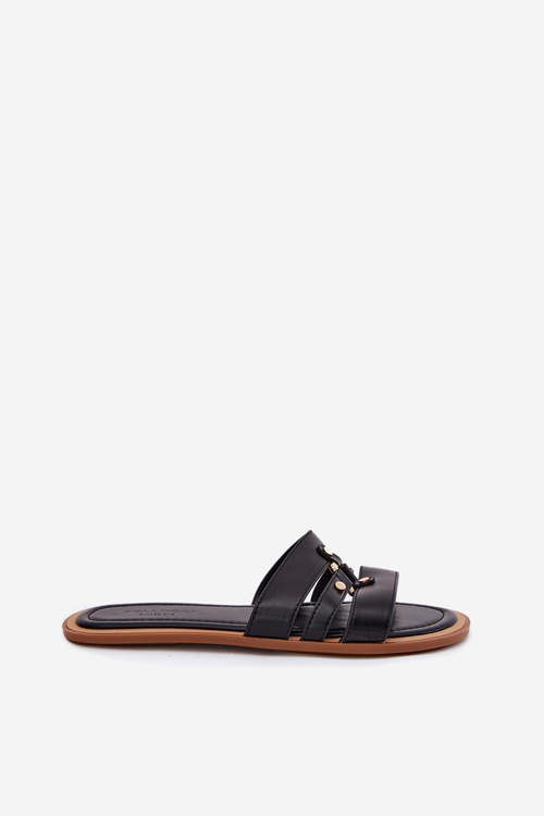 Damskie Klapki Płaskie Złoty Detal Czarne Noroti