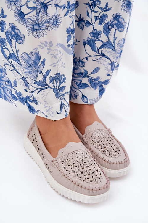 Leather Women's Moccasins With Openwork Pattern Vinceza 88028 Beige