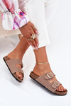 Women's sandals with golden buckles and stitching khaki Lunera