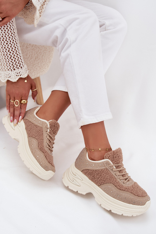 Women's Sneakers With Zirconia And Sheep Fur Beige Zarika