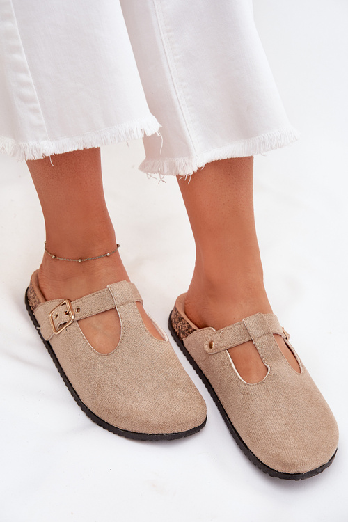 Women's Slides With Gold Buckle Beige Lirina
