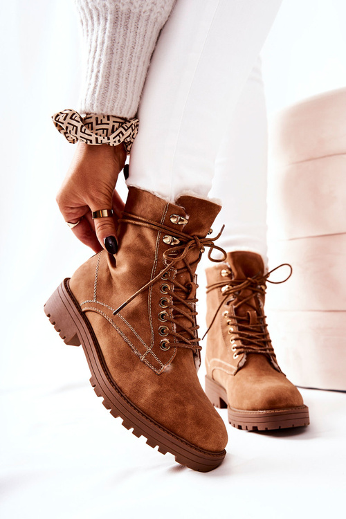 Skórzane Ocieplane Botki Workery Camel Kimmie