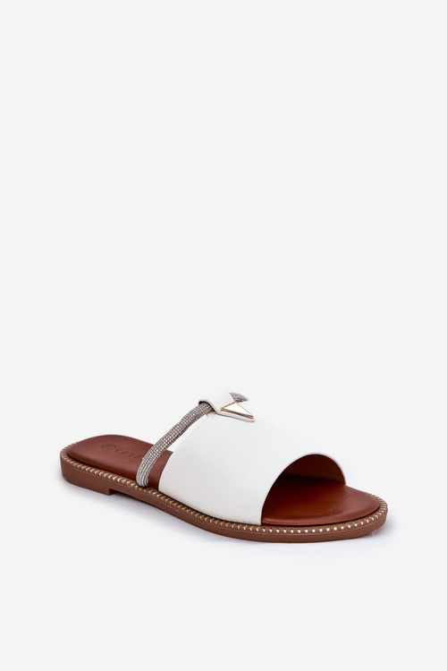Eco Leather Slippers On Flat Heel With Decorative Strap White Hirtewi