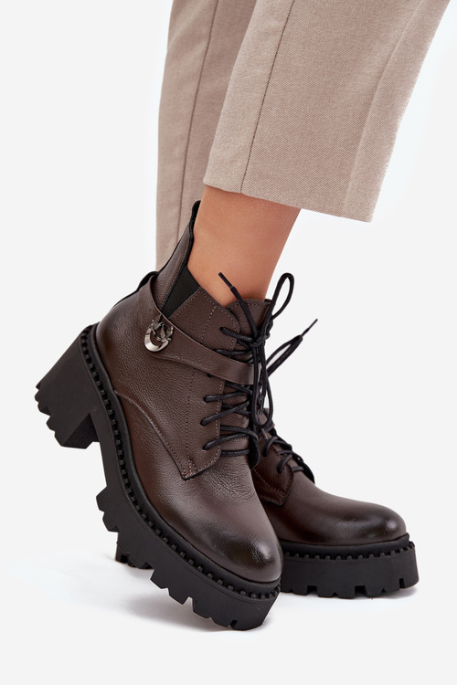 Leather Women's Block Heel Boots with Decorative Strap Lined Zazoo 60557 Chocolate