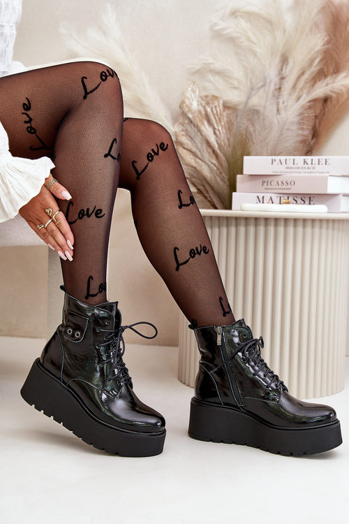 Zazoo 60499 Lacquered Women's Ankle Boots On Platform And Wedge Insulated Natural Leather Dark Green