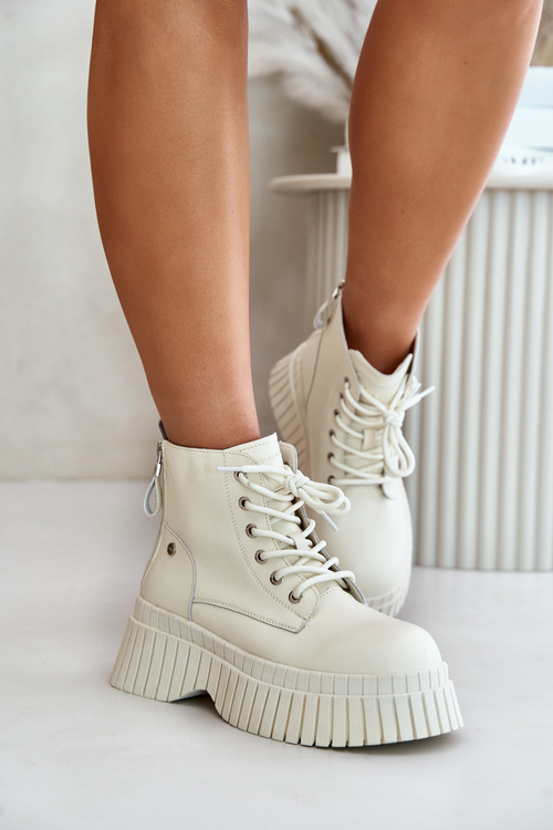 Warm Leather Ankle Boots on Chunky Sole Light Beige GOE OO2N4127