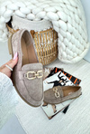 Dark Beige Women's Suede Moccasins with Flat Heel Misal