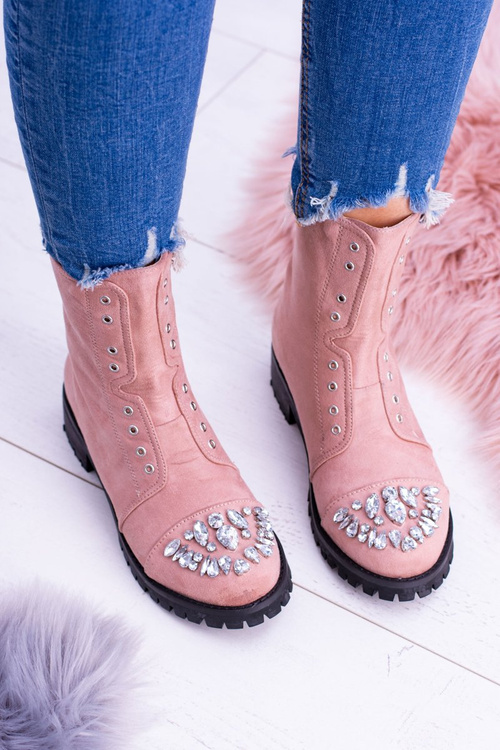 Lu Boo Damskie Botki Za Kostkę z Cyrkoniami Pudrowy Róż Carrie