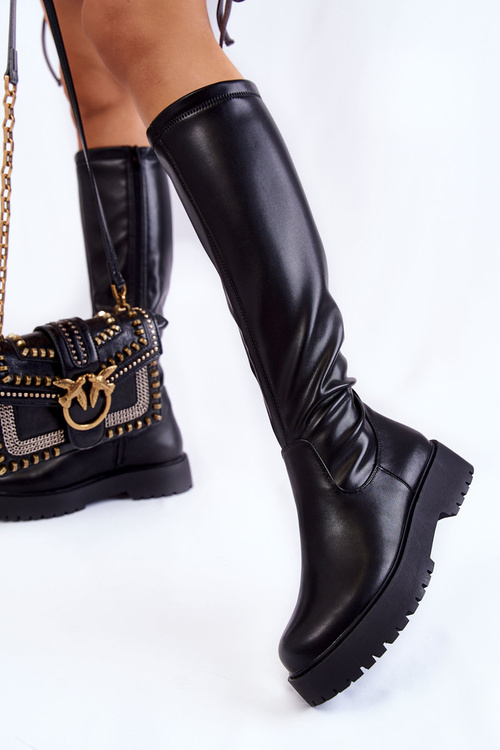 Women's Leather Boots On The Platform Black Aretha