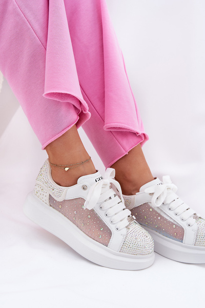 Sneakersy Damskie Na Platformie Zdobione Białe GOE RR2N4003