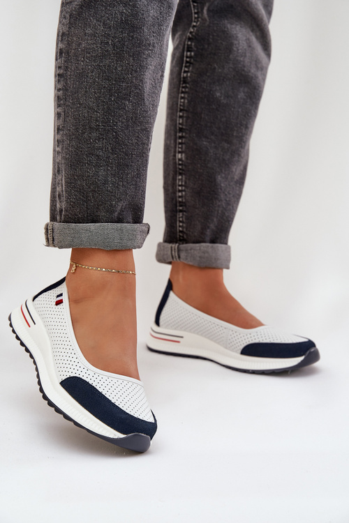Leather Wedge Ballet Flats White-Navy Nelviera
