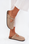 Women's Slides With Gold Buckle Beige Lirina