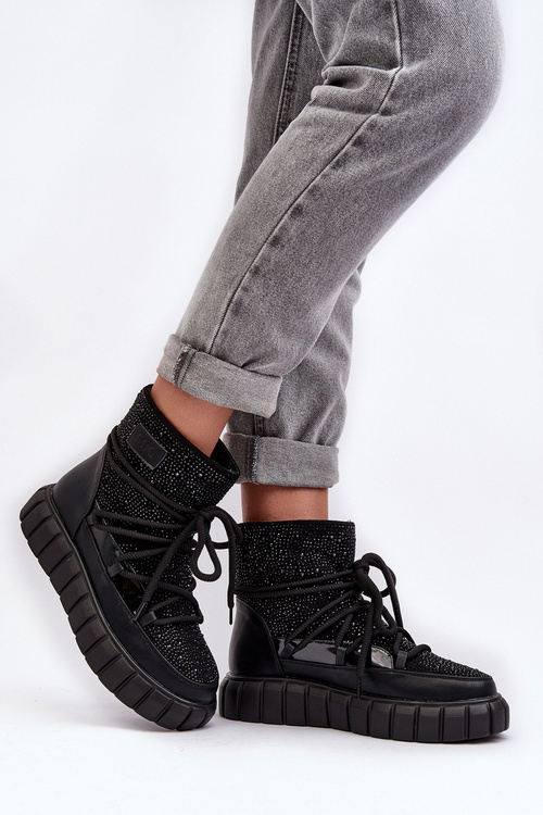 Śniegowce Ocieplane Zdobione Dżetami Czarne Goe MM2N4080