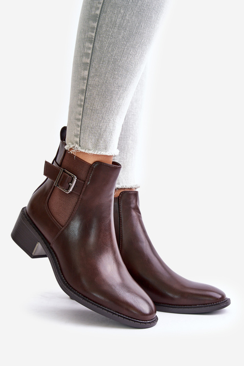 Sztyblety Botki Ocieplane Niski Obcas Złota Klamra Brązowe Vomera