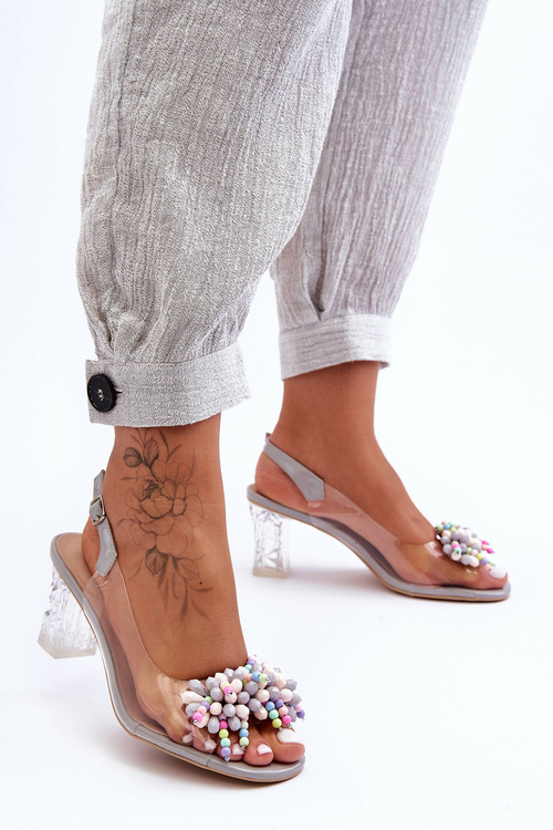 Sandały Modne Na Słupku Zdobienia Szare S.Barski MR1037-23