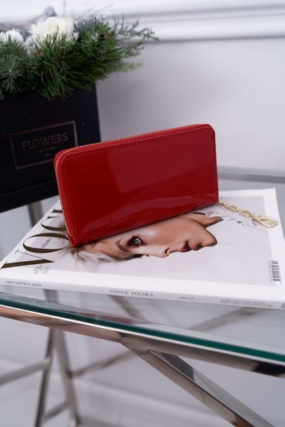Portfel Damski Duży Czerwony Złoty Ozdobny Suwak