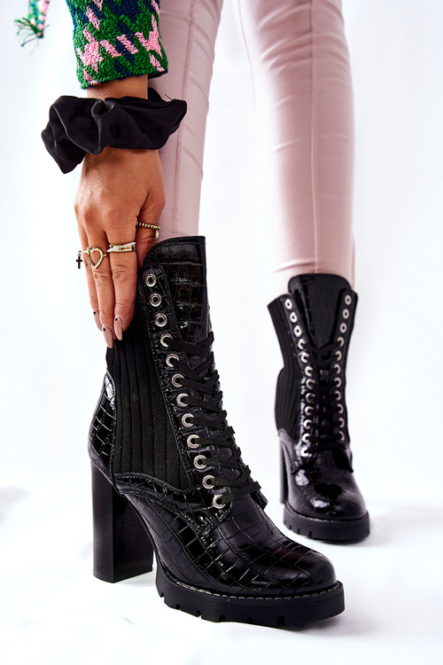 Women's Boots On High Heel Crocodile Pattern Black Erdogan