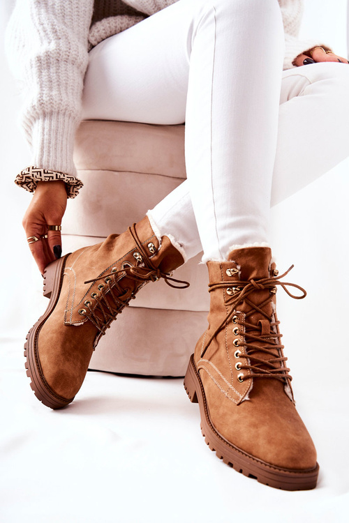 Skórzane Ocieplane Botki Workery Camel Kimmie