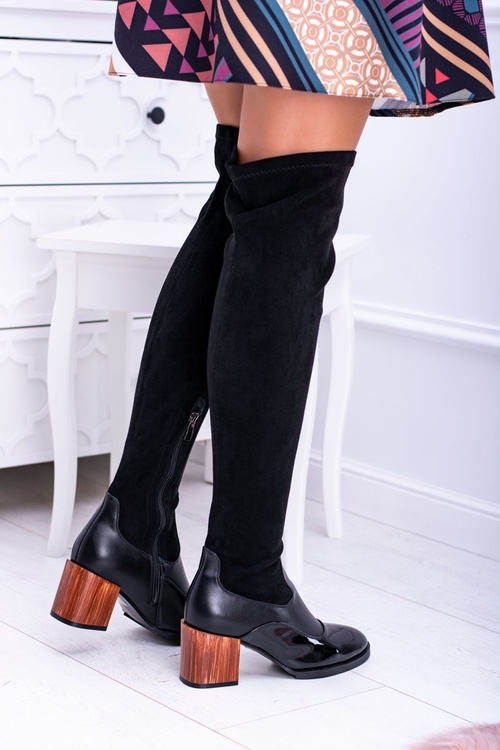 Lu Boo Czarne Damskie Kozaki Na Słupku Zamsz Lakier Jess