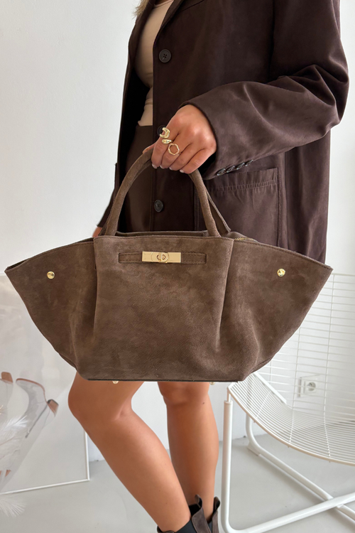 Bag Made of Natural Suede Dark Beige Fiorenza