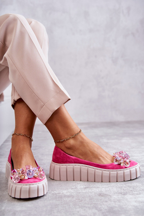 Suede Ballerinas On A Platform With A Ornament Fuchsia Ladette