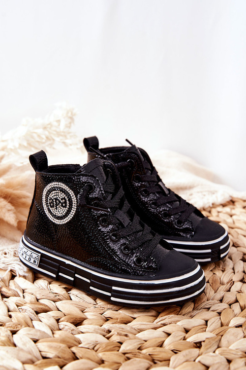 Children's Lacquered High Boots Zipper Sneakers Black Evia