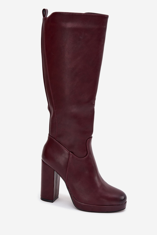Women Knee High Boots On Heels Eco Leather Burgundy Thalina