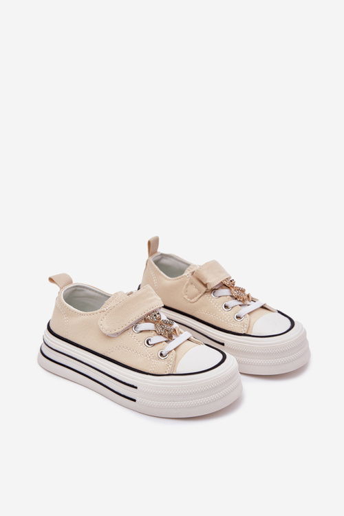 Trampki Dziewczęce Przypinka Miś Rzep Beżowe Solena