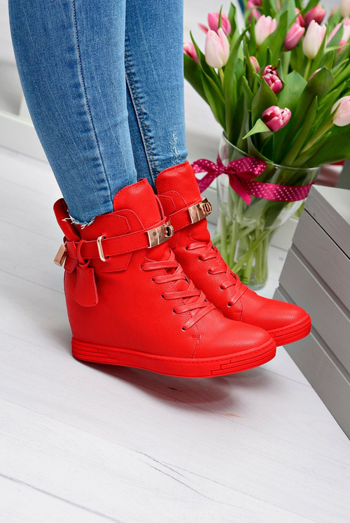 Women's Red Sneakers Gold Padlock Anchor Hudgens