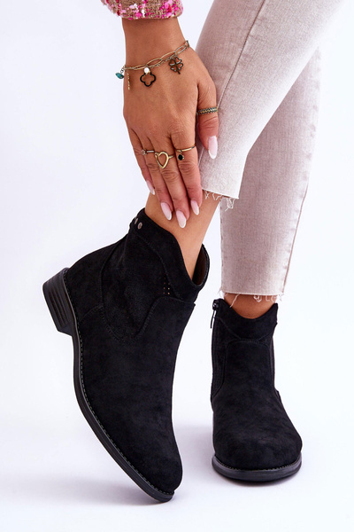 Botki Damskie Zamsz Płaski Obcas Czarne Liana