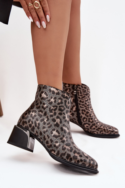 Leather Women's Block Heel Boots with Lining Leopard Pattern D&A CR52-622 Black-Gold