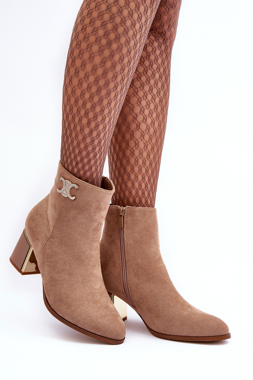 Leather Boots On Heel With Ornament Beige Dwinja