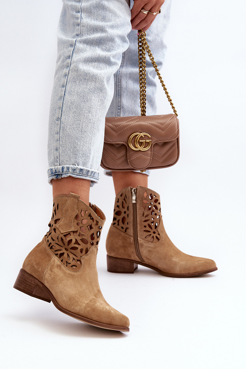 Botki Kowbojki Zamszowe Ażurowe Niski Obcas Beżowe Zazoo 3404