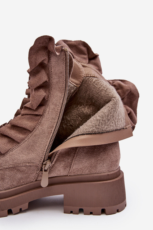 Botki Workery Ocieplane Zamsz Płaski Obcas Ciemnobeżowe Nacelle NS336P