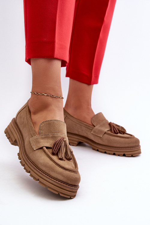 Zazoo 3469 Suede Women's Loafers With Fringes Beige