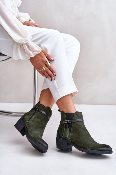 Insulated suede ankle boots with a zipper dark green Zazoo 60478