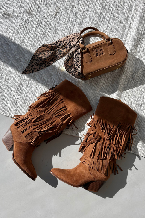 Damskie Kozaki Kowbojki Ocieplane Z Frędzlami Camel Brivina