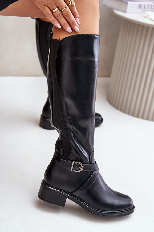 Warm Knee High Boots With Buckle And Zipper Black Seavella