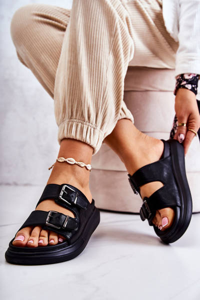 Women's Leather Slippers With Buckle La.Fi Black Nariss