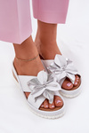 Leather Women's Slippers On Wedge With Decorative Flower Artiker White-Silver 54C0538