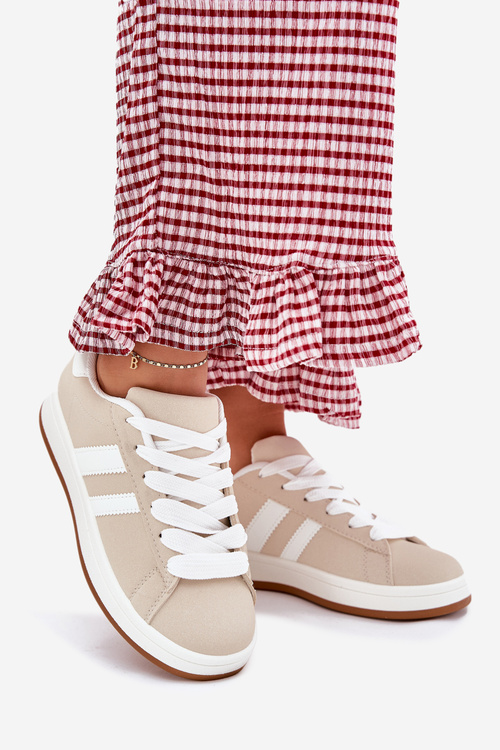Eko Skórzane Sneakersy Buty Sportowe Damskie Beżowe Ravina