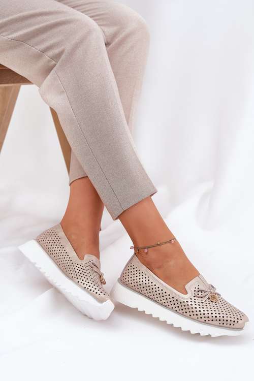 Półbuty Damskie Ażurowe Na Platformie Skóra Naturalna Złote D&A LR51-631